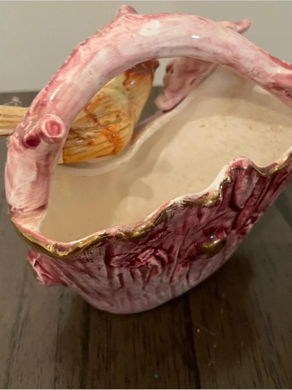 Vintage Pink and Gold Ceramic Basket with Yellow Bird